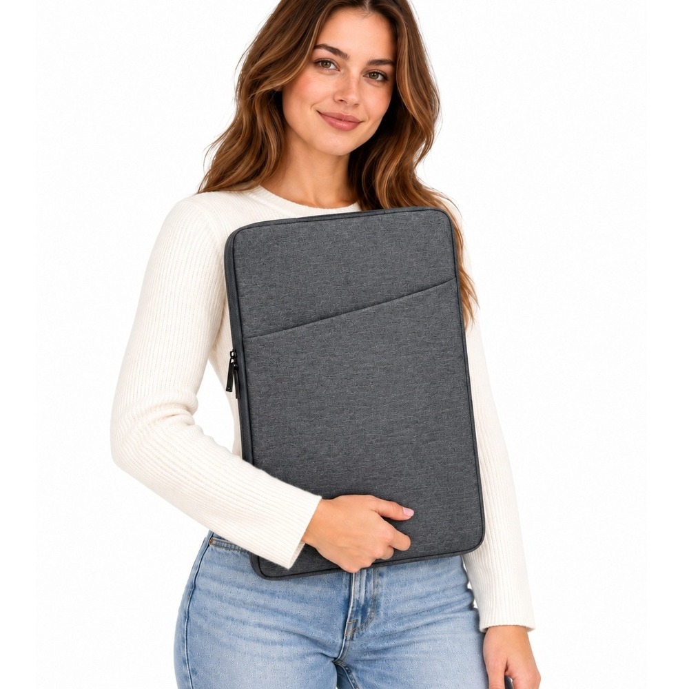 Grey Heathered Padded Laptop Sleeve Case with Zipper Pocket and Trolley Strap